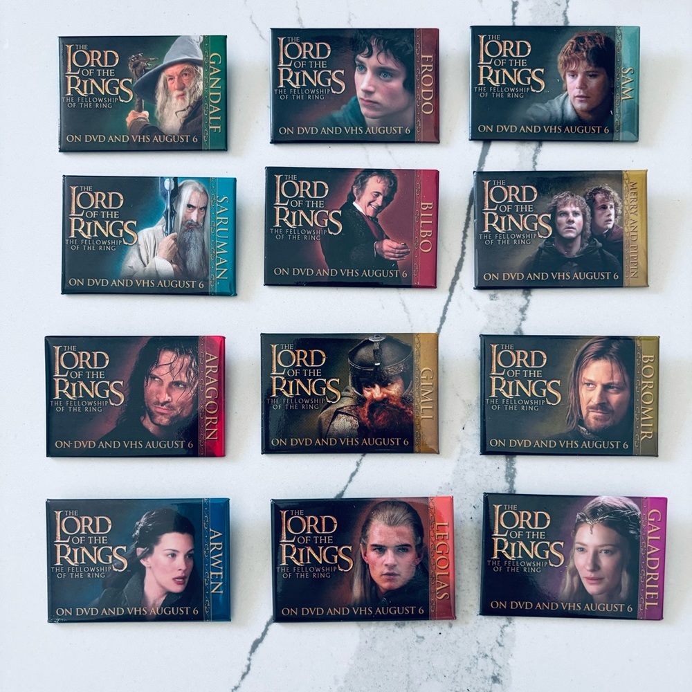 Lord of the Rings Fellowship of the Rings DVD Release Promo Pins Set of 12